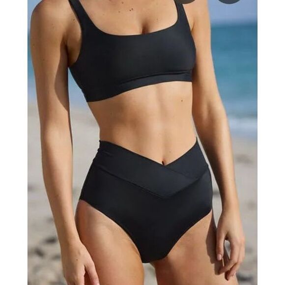 Aerie High Waisted Full Coverage Crossover Bikini Bottom in Black Size XL - Picture 1 of 5